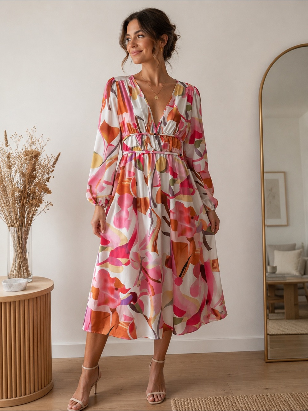 STYLEWE Pink and Orange Abstract Floral V-Neck Midi Dress